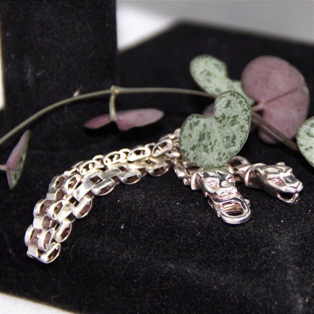VTG Sterling Silver 925 Panther Head Link Bracelet 7.5 Inch Double Panther Clasp